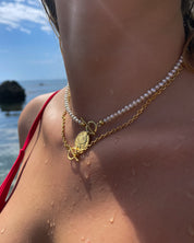 Choker naszyjnik z perełkami z medalikiem kwiat lotosu - pozłacane srebro 925